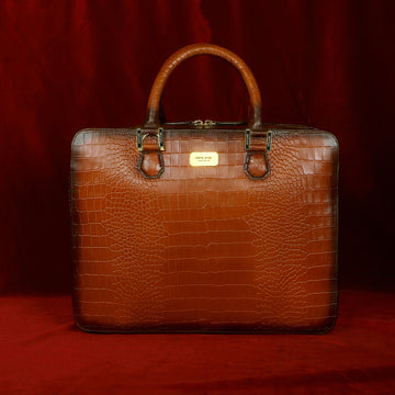 Tan Office Briefcase with Organizer Compartment in Deep Cut Croco Leather