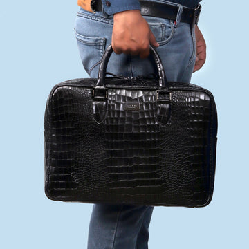 Black Deep Cut Textured Leather Laptop/Office Bag