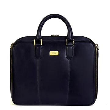 Navy Blue Office Briefcase with Padded Laptop Sleeve in Genuine Leather