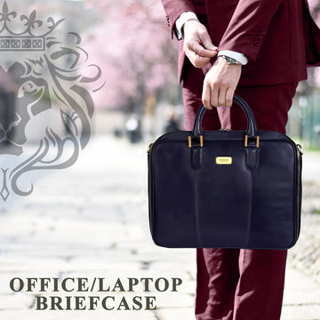 Navy Blue Office Briefcase with Padded Laptop Sleeve in Genuine Leather