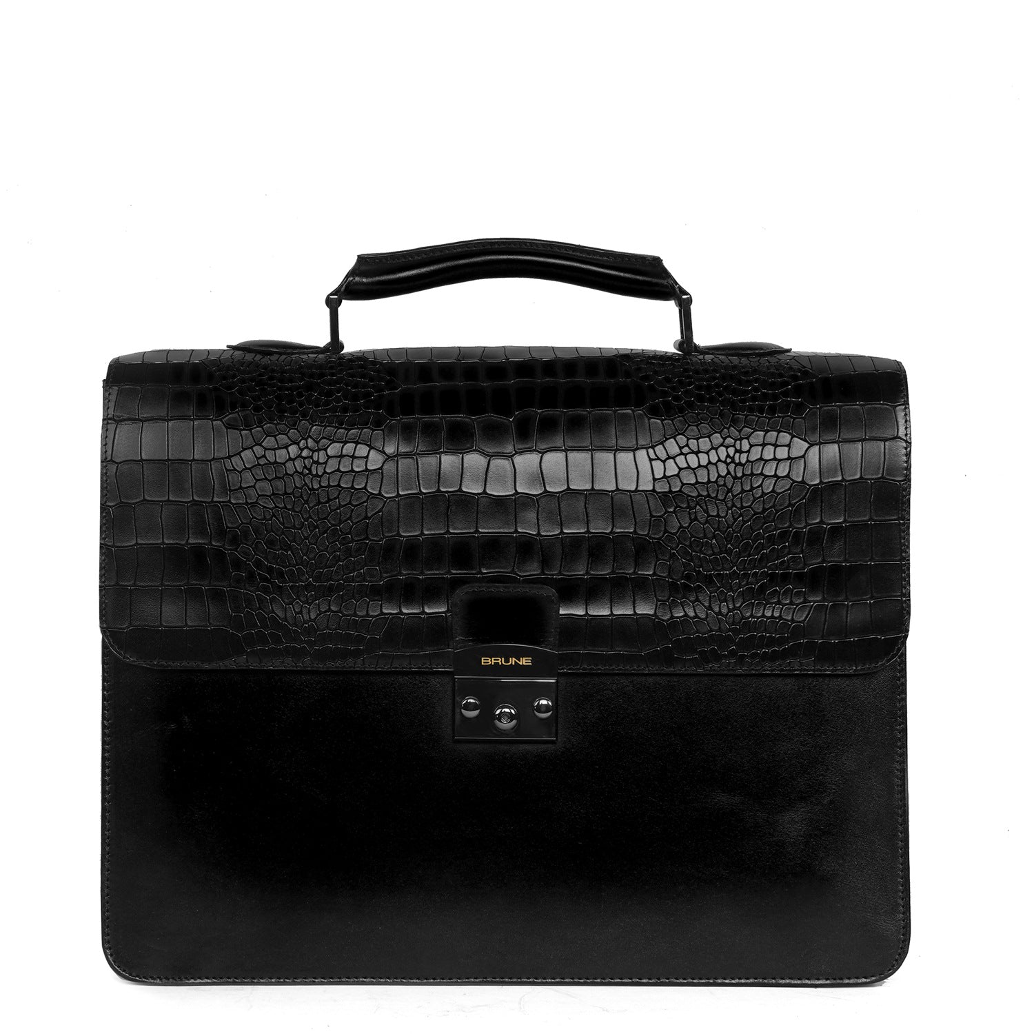 Black Deep Cut Croco Leather Laptop Briefcase