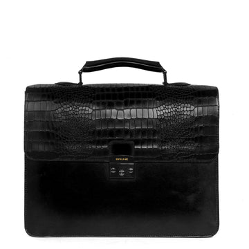 Black Deep Cut Croco Leather Laptop Briefcase
