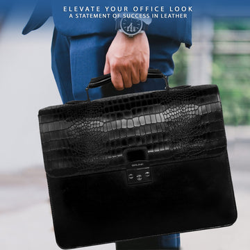 Black Deep Cut Croco Leather Laptop Briefcase