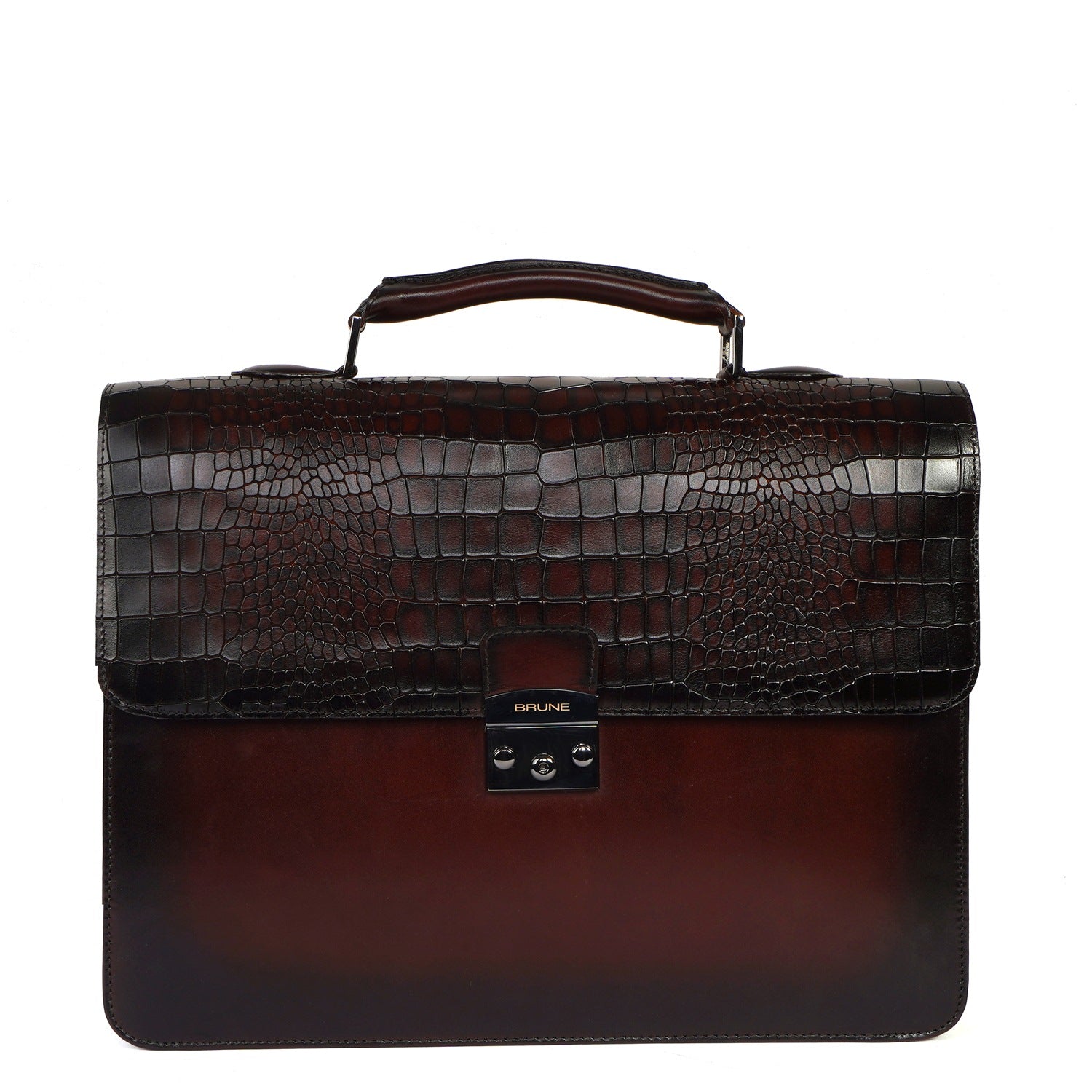 Dark Brown Deep Cut Croco Leather Laptop Briefcase
