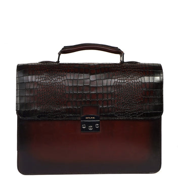 Dark Brown Deep Cut Croco Leather Laptop Briefcase
