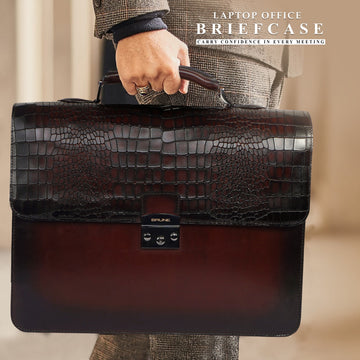 Dark Brown Deep Cut Croco Leather Laptop Briefcase