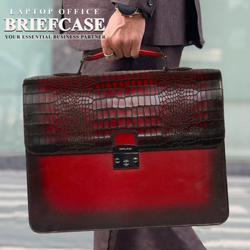 Office Briefcase in Wine Deep Cut Croco Leather