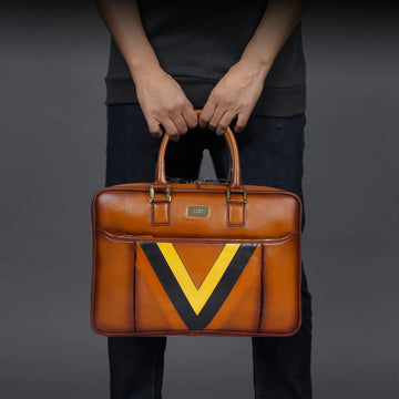 Tan Office Briefcase with Tri Color Leather Trims