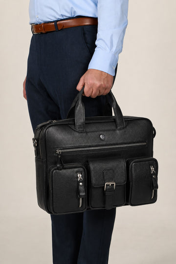 Black Multi-Pocket Textured Leather Briefcase Bag