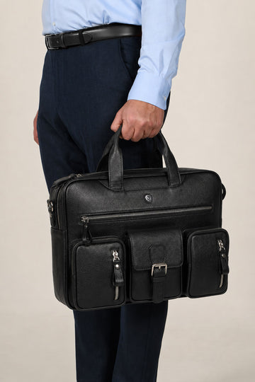 Black Multi-Pocket Textured Leather Briefcase Bag