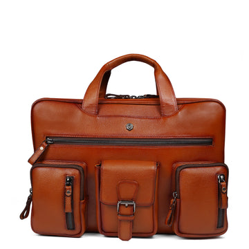 Luxury Tan Leather Laptop Bag with Multiple Front Pockets