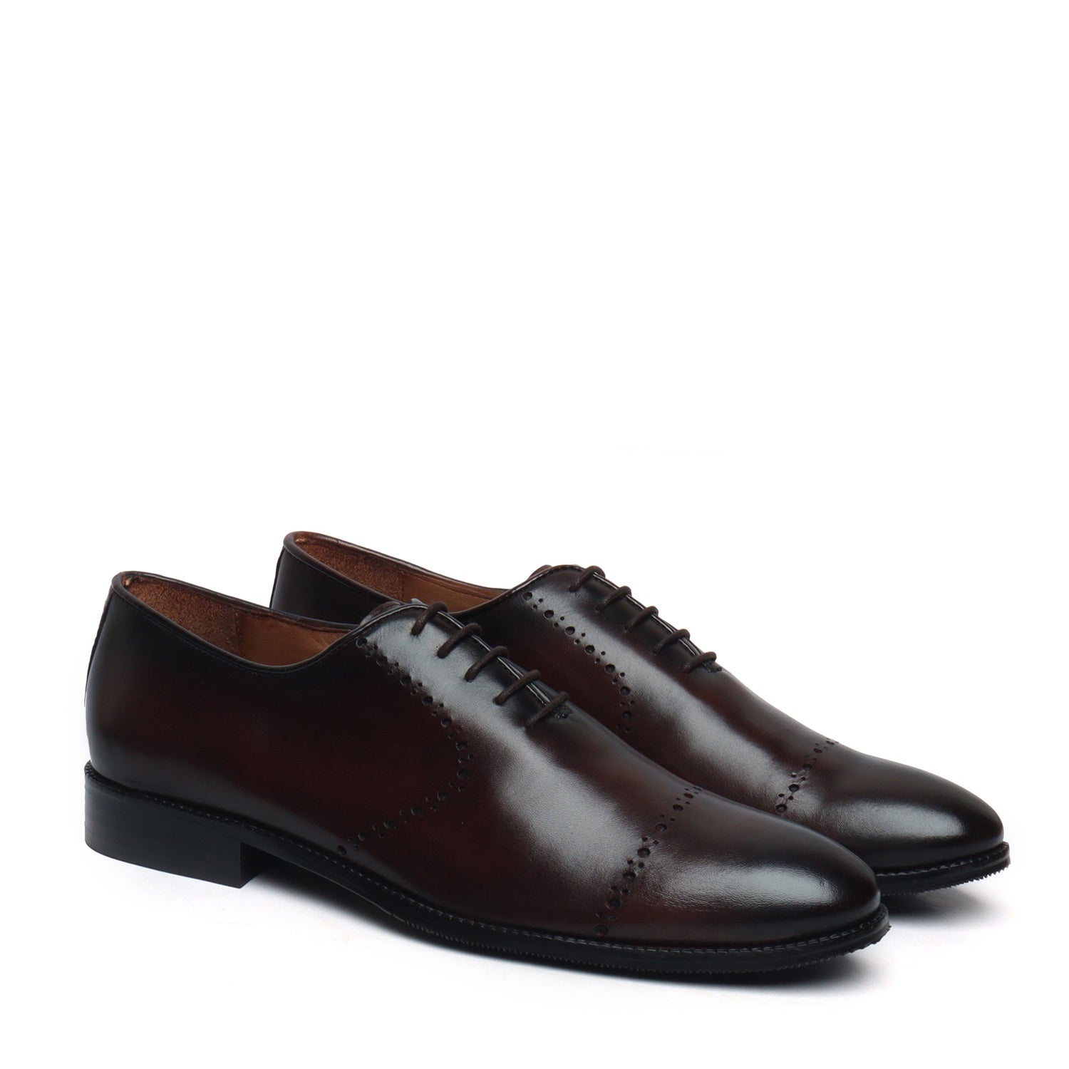 Brown Burnished Leather Quarter Brogue Oxford Formal Shoes By Brune & Bareskin
