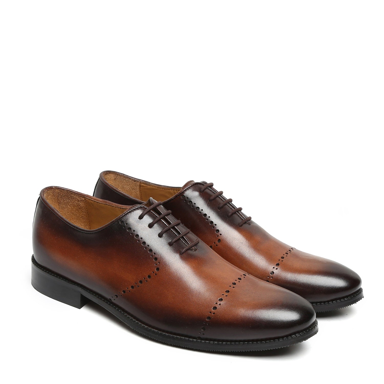 Tan Burnished Leather Quarter Brogue Oxford Formal Shoes By Brune & Bareskin