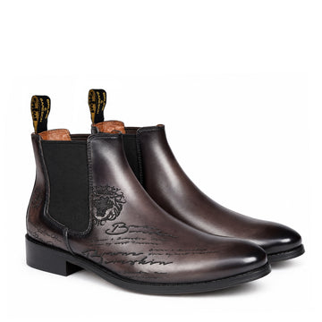Engraved Scritto Premium Grey Leather Chelsea Boots with Laser Engraving