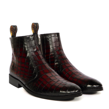 Smokey Finish Chelsea Boot in Wine Croco Textured Leather with Zipper Closure