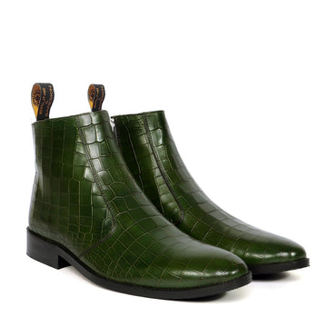 Handmade Chelsea Boot in Green Croco textured Leather with Zip closure