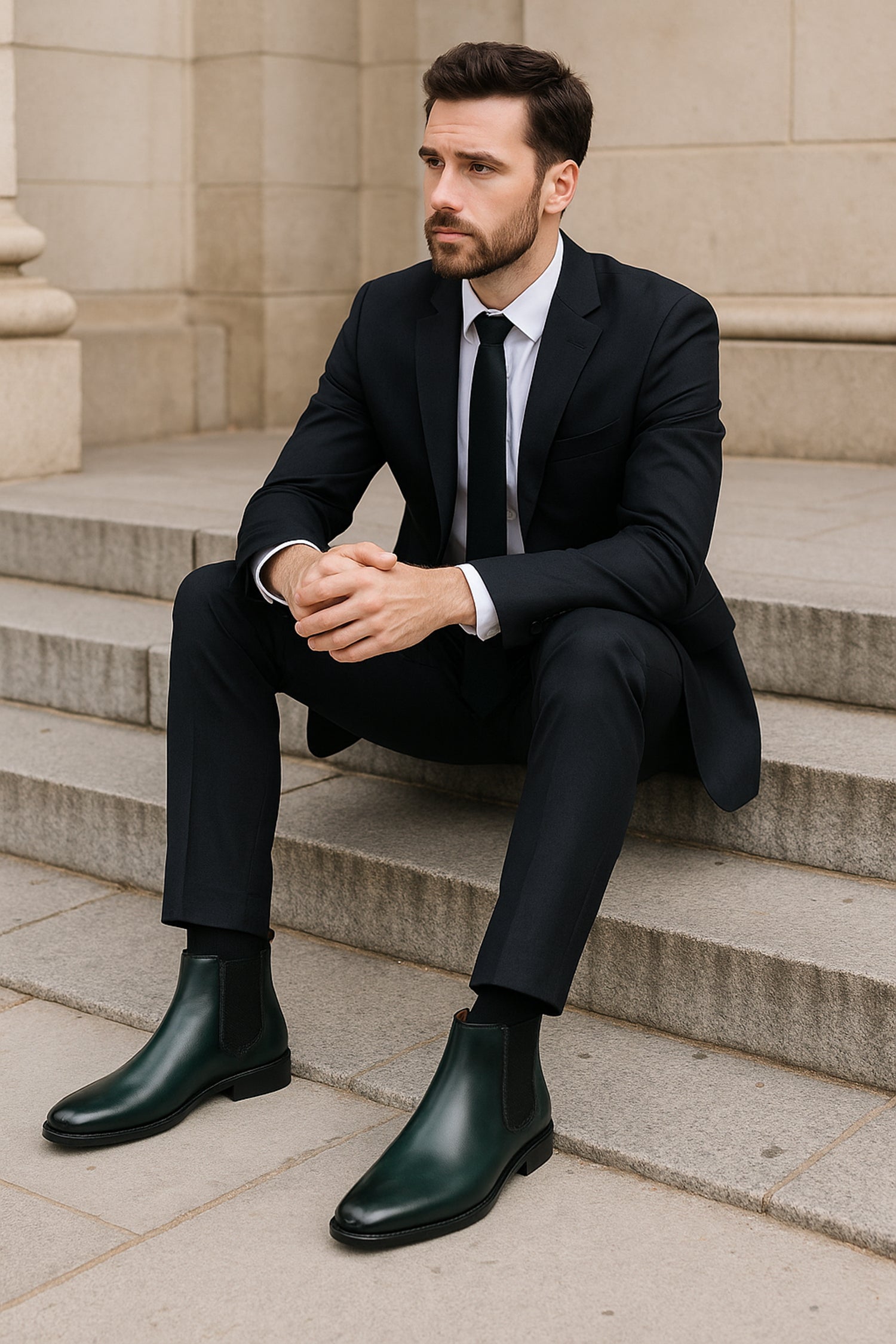 Green Leather With Leather Sole Hand Made Chelsea Boots For Men By Bru