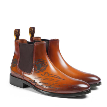 Premium Tan Leather Chelsea Boots with Laser Engraving