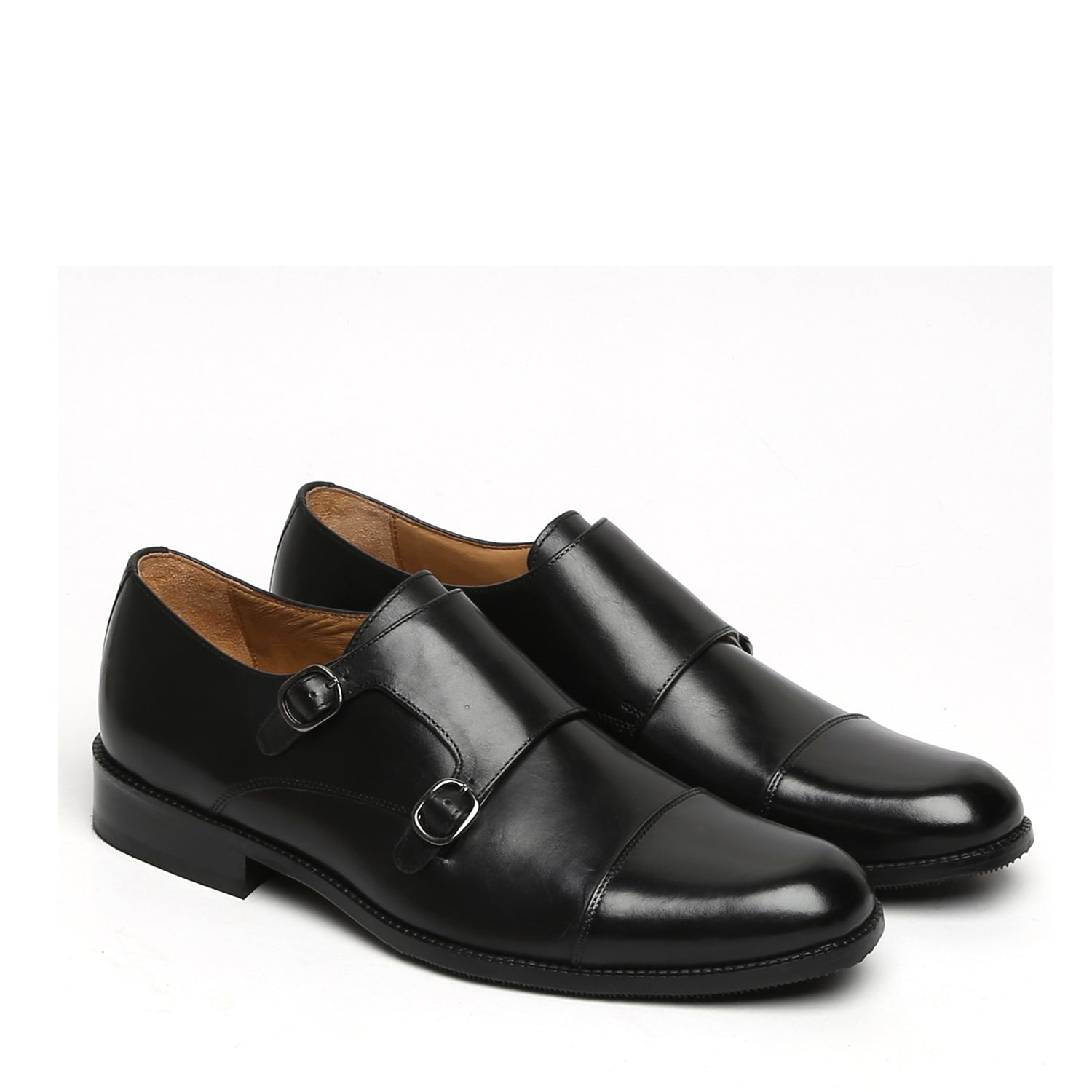 Black Genuine Leather Cap Toe Double Monk Strap Formal Shoes By Brune & Bareskin