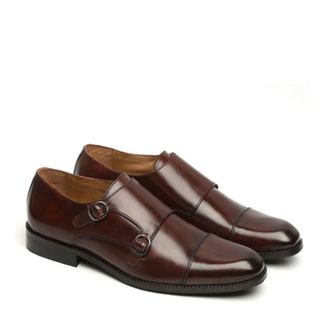 Dark Brown Genuine Leather Cap Toe Double Monk Strap Formal Shoes By Brune & Bareskin