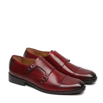 Wine Genuine Leather Cap Toe Double Monk Strap Formal Shoes By Brune & Bareskin
