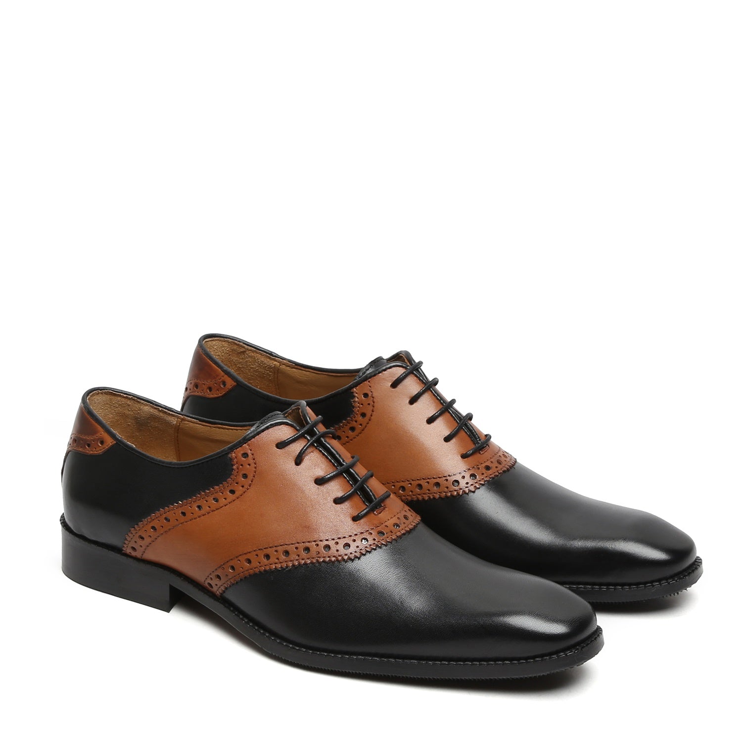 Black And Tan Leather Plain Toe Quarter Brogue Formal Shoes By Brune & Bareskin