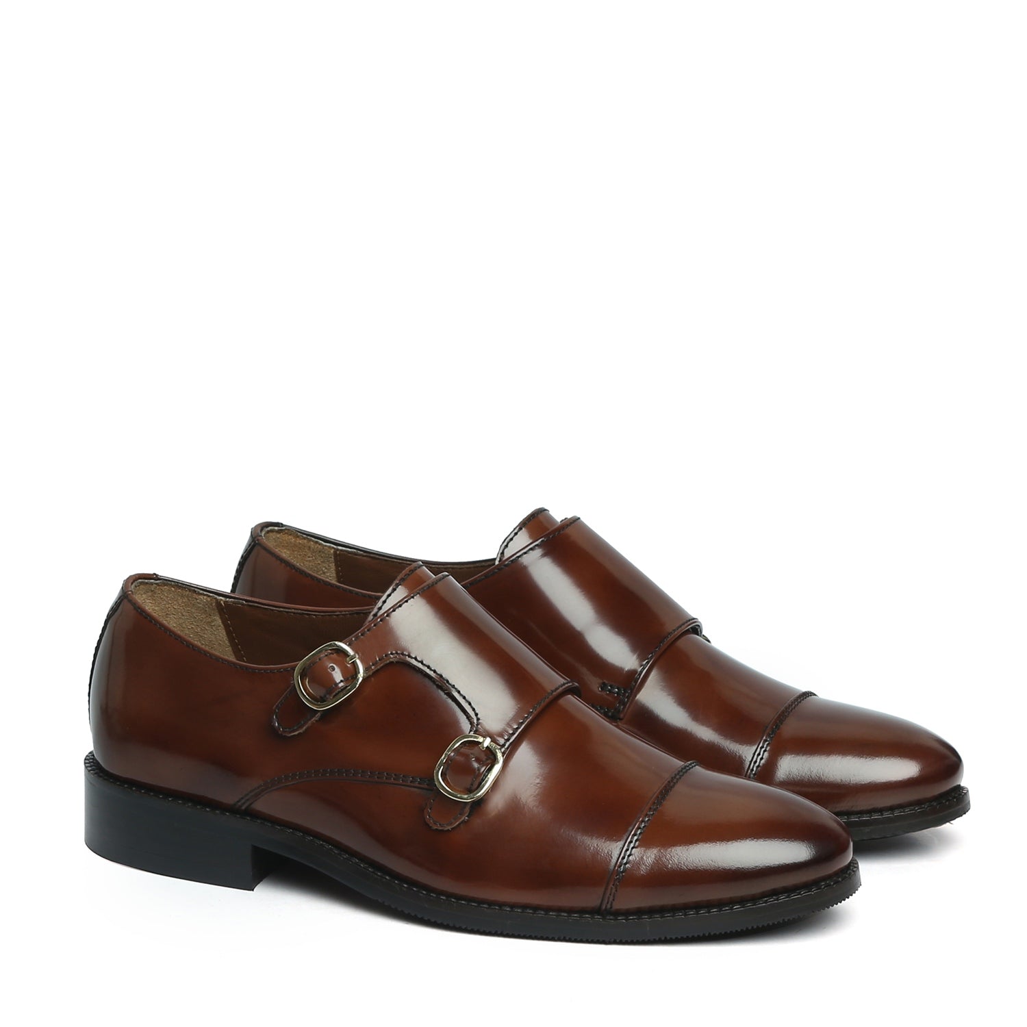 Brown Brushed Off Leather Rounded Cap Toe Double Monk Strap Formal Shoes By Brune & Bareskin