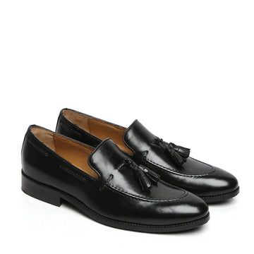 Black Side Lacing Tassel Loafers in Genuine Leather