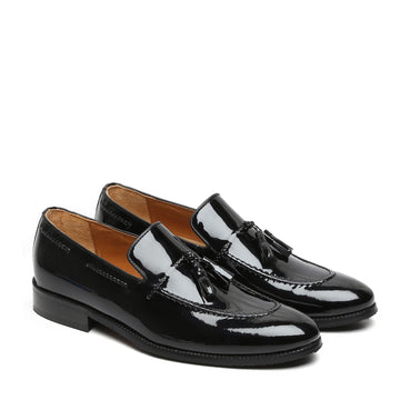 Apron Toe Side Lacing Tassel Loafers in Black Patent Leather By Brune & Bareskin