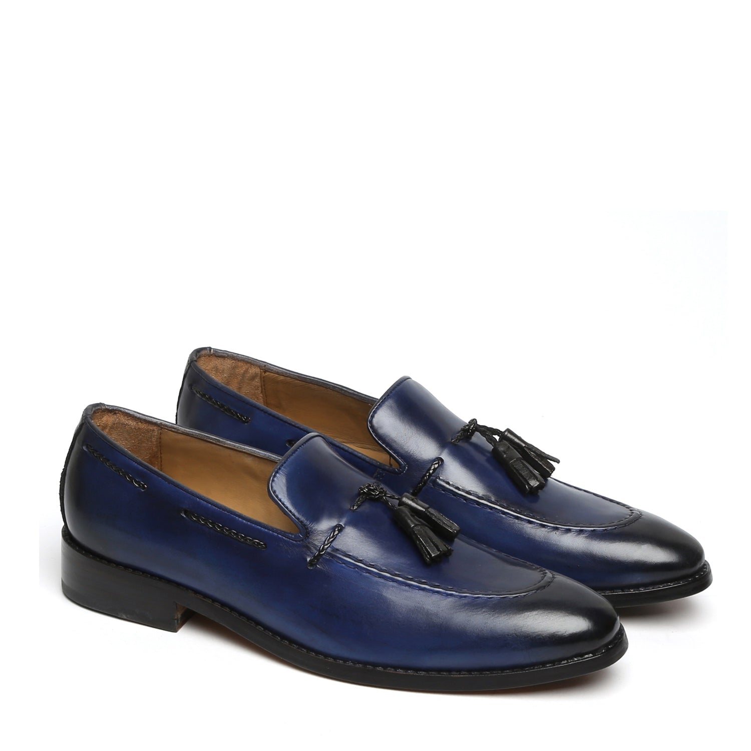Side Lacing Tassel Loafers in Navy Blue Genuine Leather By Brune & Bareskin
