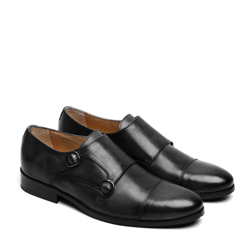 Double Monk Black Genuine Leather Formal Shoes