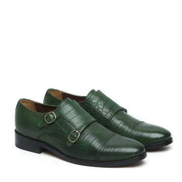 Green Croco Leather Double Monk With Leather Sole Shoes By Brune & Bareskin