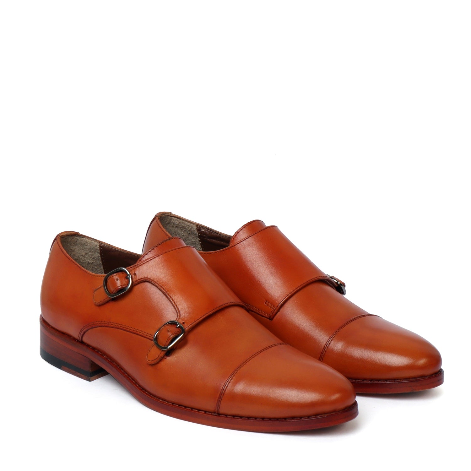 Men's Tan Leather Double Monk With Leather Sole Shoes By Brune & Bareskin