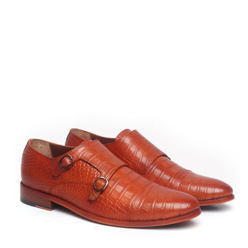 Tan Croco Leather Double Monk With Leather Sole Shoes By Brune & Bareskin