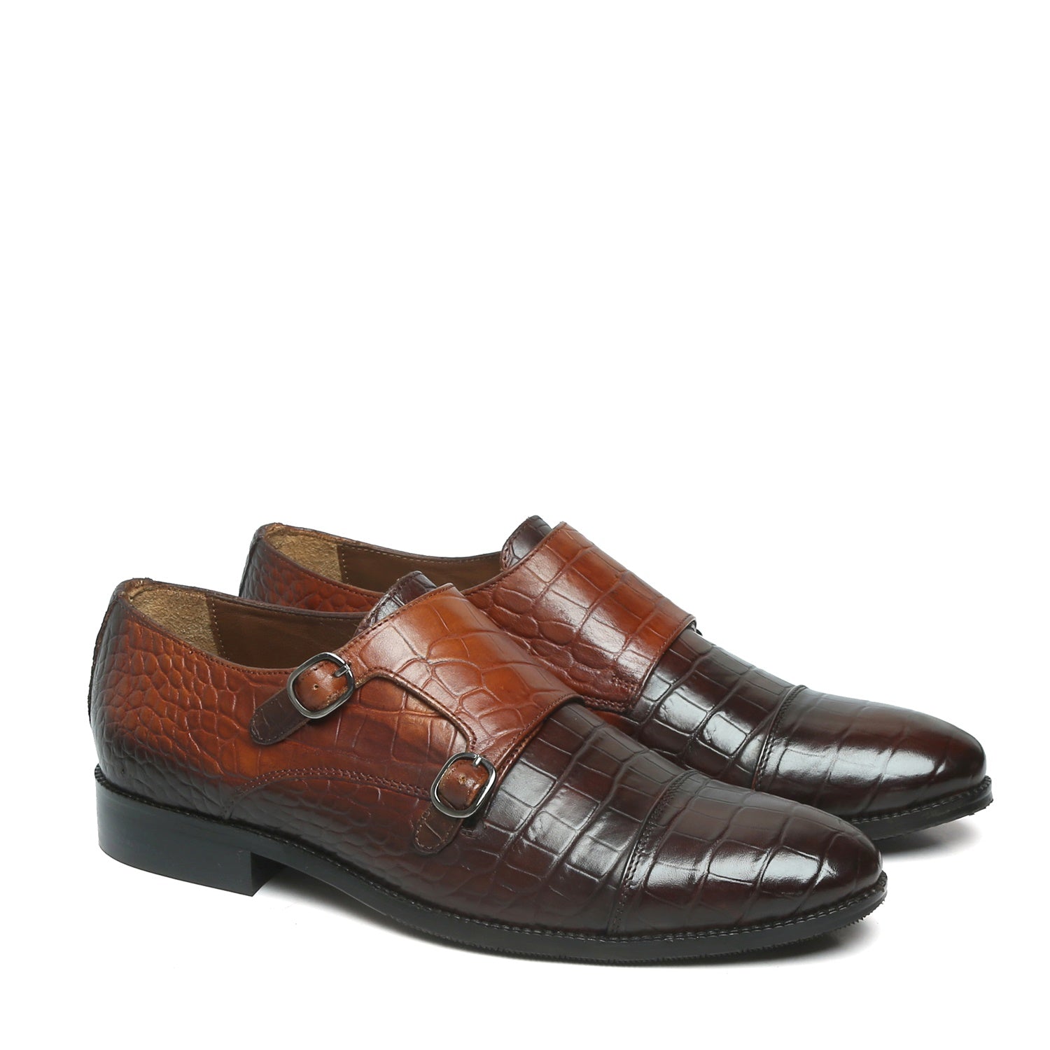 Dual Shade Tan-Brown Croco Leather Double Monk Shoes By Brune & Bareskin