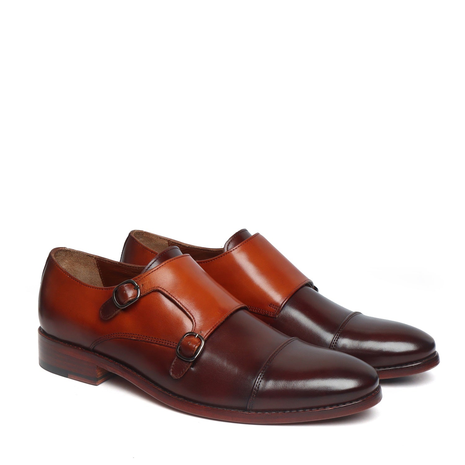 Dual Tone Brown-Tan Leather Double Monk Leather Sole Shoes By Brune & Bareskin