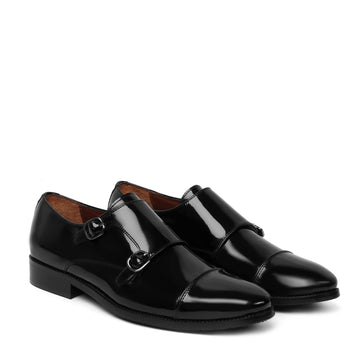 Black Patent Leather Rounded Cap Toe Double Monk Strap Formal Shoes By Brune & Bareskin