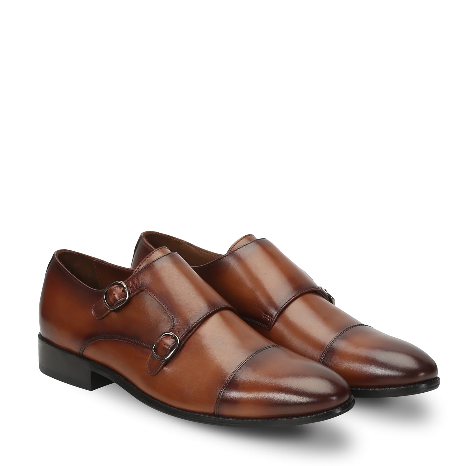 Dark Tan Leather Rounded Cap Toe Double Monk Strap Formal Shoes By Brune & Bareskin