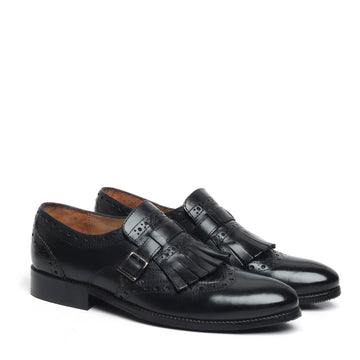 Black Leather Fringed Single Monk Strap Shoes By Brune & Bareskin