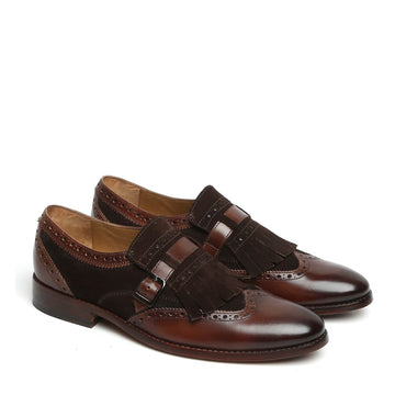 Dark Brown Leather Fringed Single Monk Strap Shoes By Brune & Bareskin