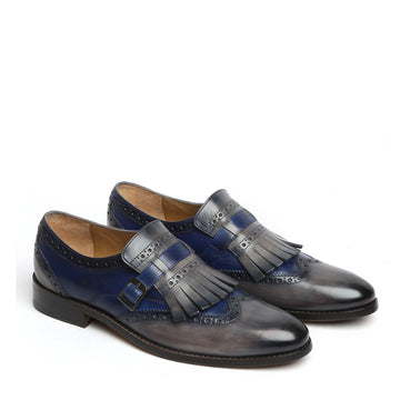 Blue/Grey Leather Fringed Single Monk Strap Shoes By Brune & Bareskin