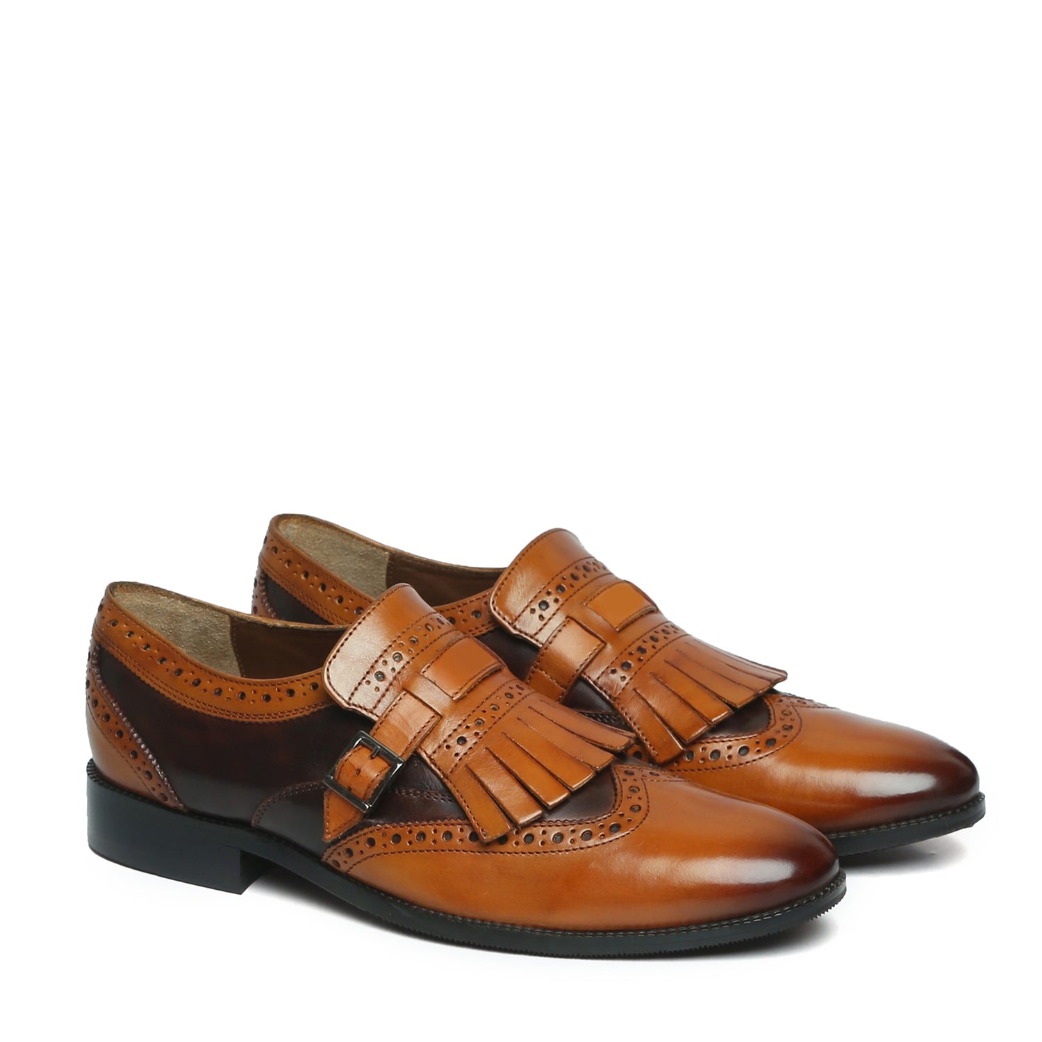 Tan/Brown Leather Fringed Single Monk Strap Shoes By Brune & Bareskin