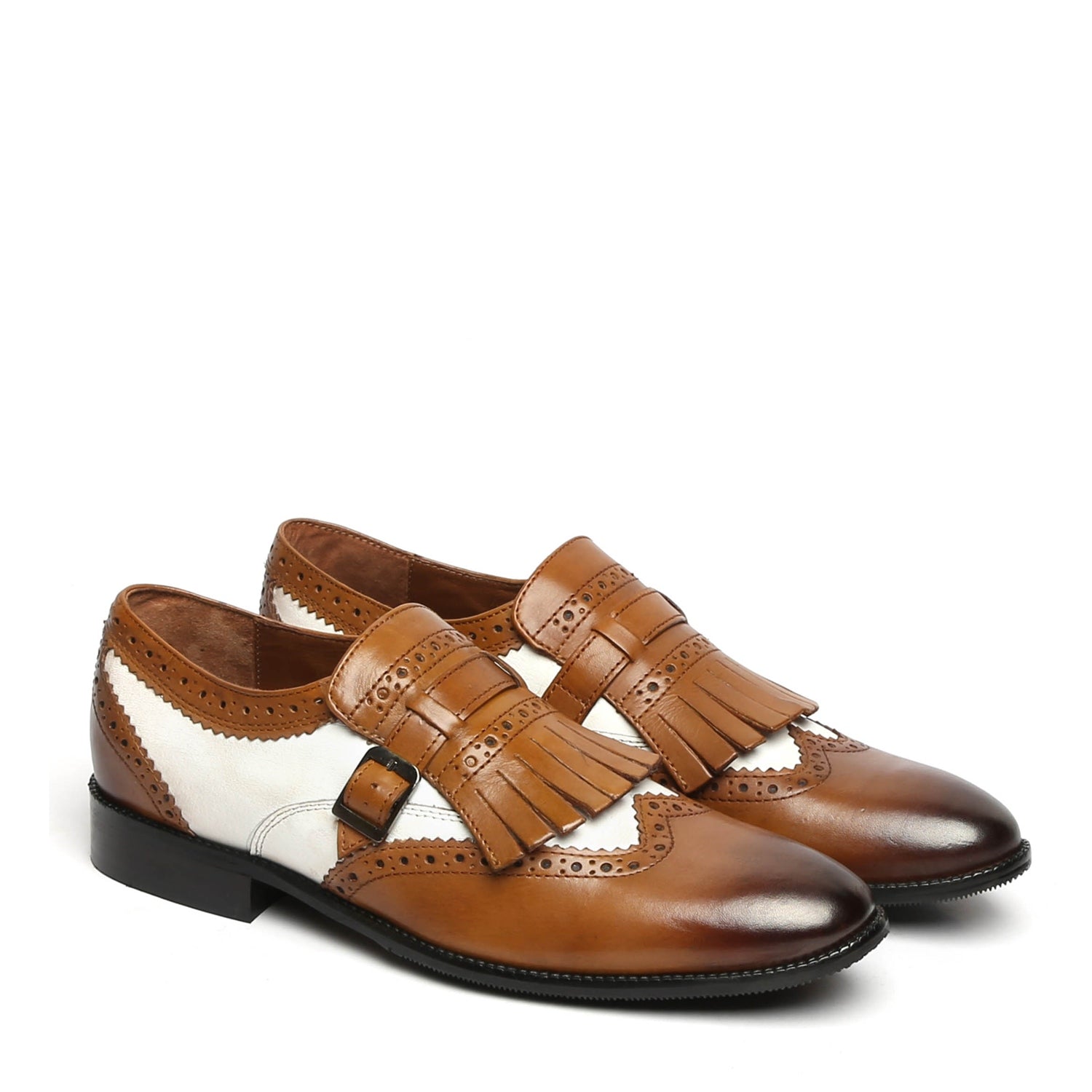 Tan/White Leather Fringed Single Monk Strap Shoes By Brune & Bareskin