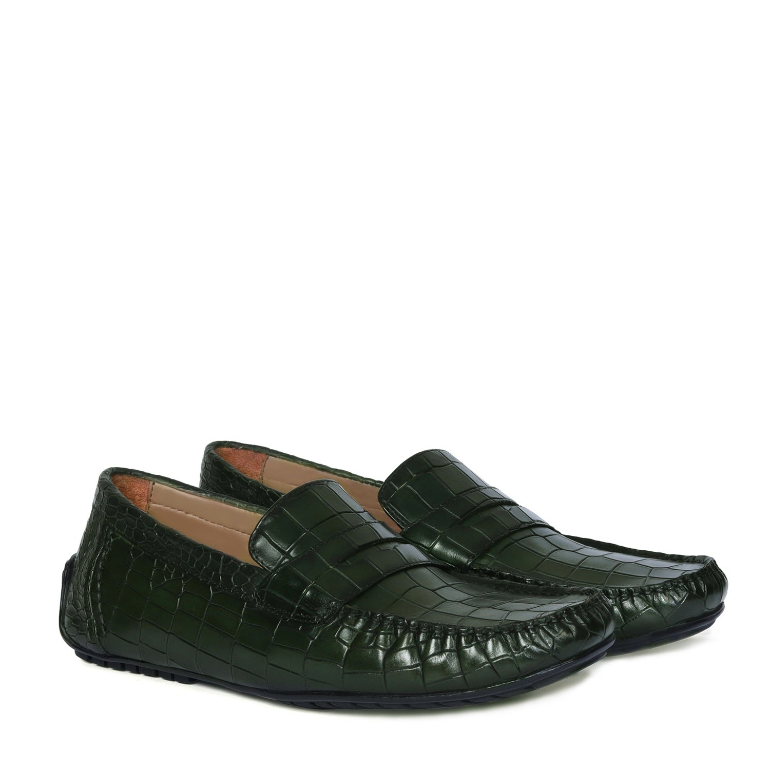 Green Stitched Strap Loafer in Deep Cut Leather