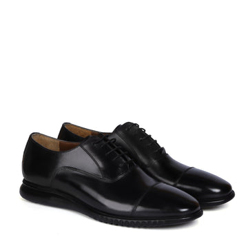 Black Leather Oxford Lace-Up Shoes with Sneaker Sole