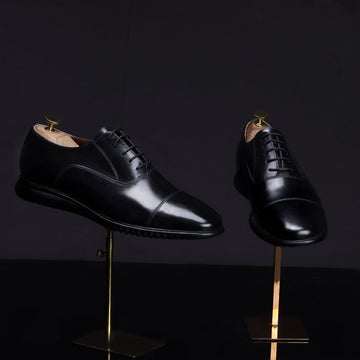 Black Leather Oxford Lace-Up Shoes with Sneaker Sole