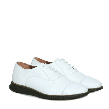 White Leather Oxford Lace-Up Shoe with Light Weight Sneaker Sole