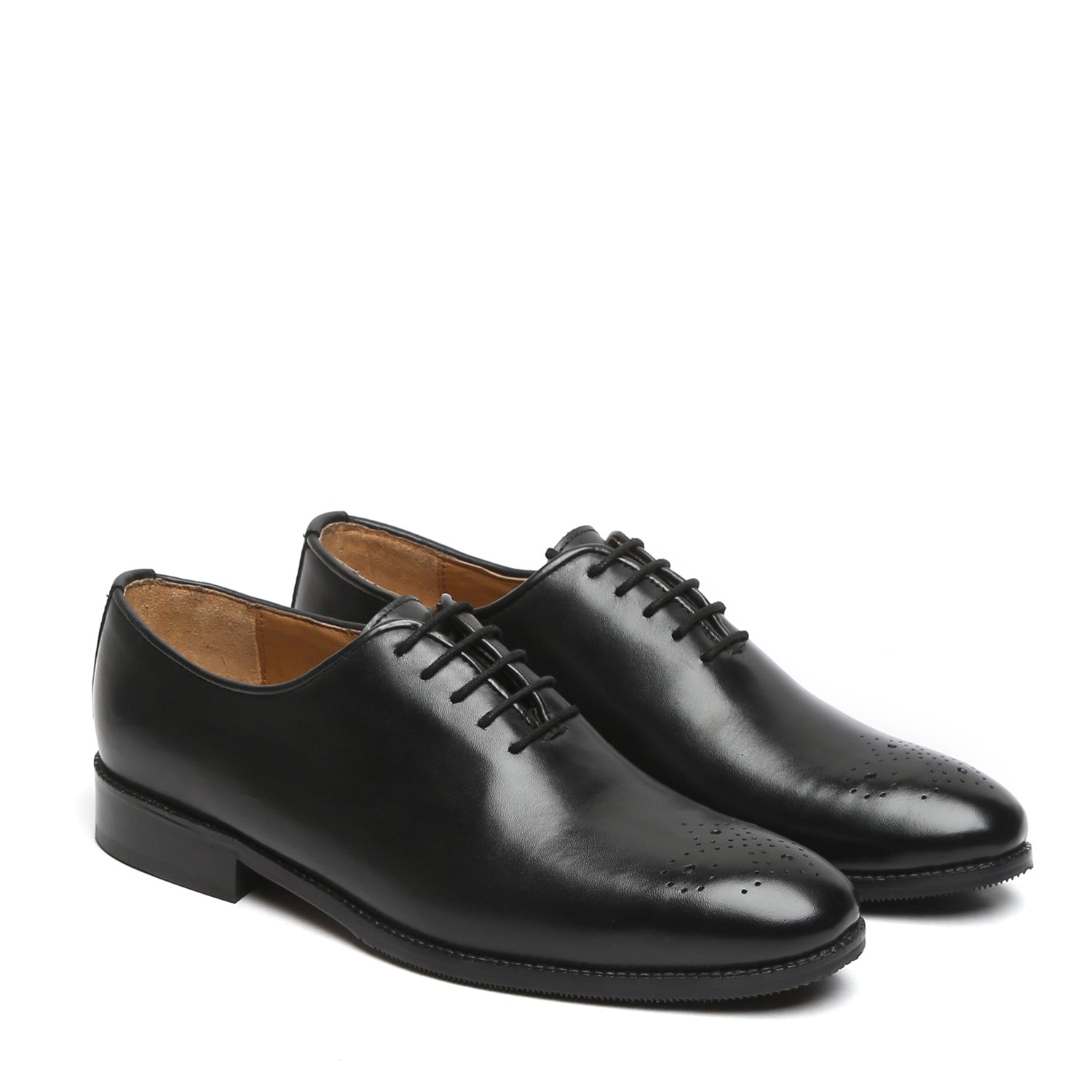 Black Leather Oxford Lace-Up Shoe Whole Cut/One Piece Medallion Toe By
