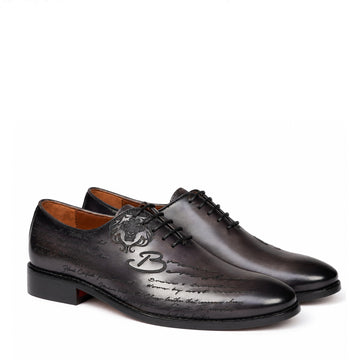 Engraved Scritto Grey Leather Oxford Lace-Up Shoes