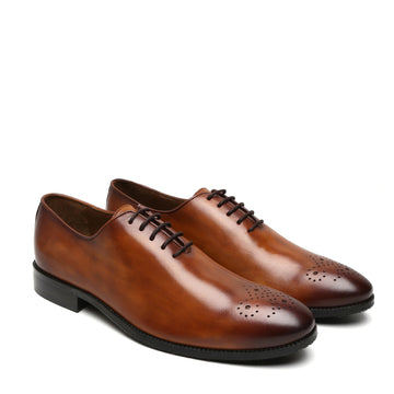 Tan Leather Oxford Lace-Up Shoes Whole Cut/One Piece Medallion Toe